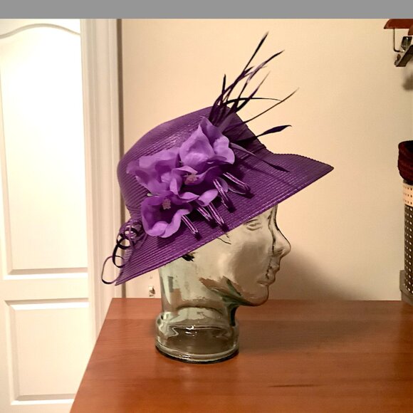 August Purple medium down-turn brim  hat with flowers & feather details on top main image 8
